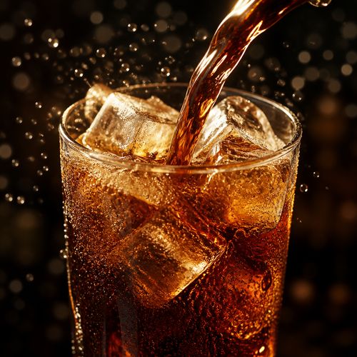 Cinematic shot of cola pouring into a glass full of ice, splashes and bubbles, dynamic motion, dramatic backlighting, dark background with bokeh, hyperrealistic, 8k, advertisement quality, ultra-detailed